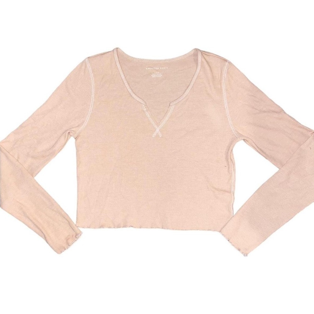 American Eagle Women's Long Sleeve Ribbed Top - Cream